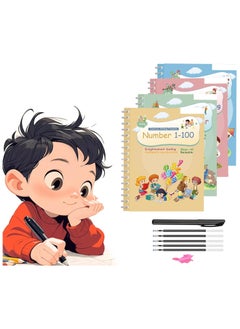 FABTEX Magic Ink Copybooks for Kids Reusable Handwriting Workbooks for Preschools Grooves Template Design and Handwriting Aid Magic Practice Copybook for Kids The Print Writing (4 Books with Pens)  - Image 1