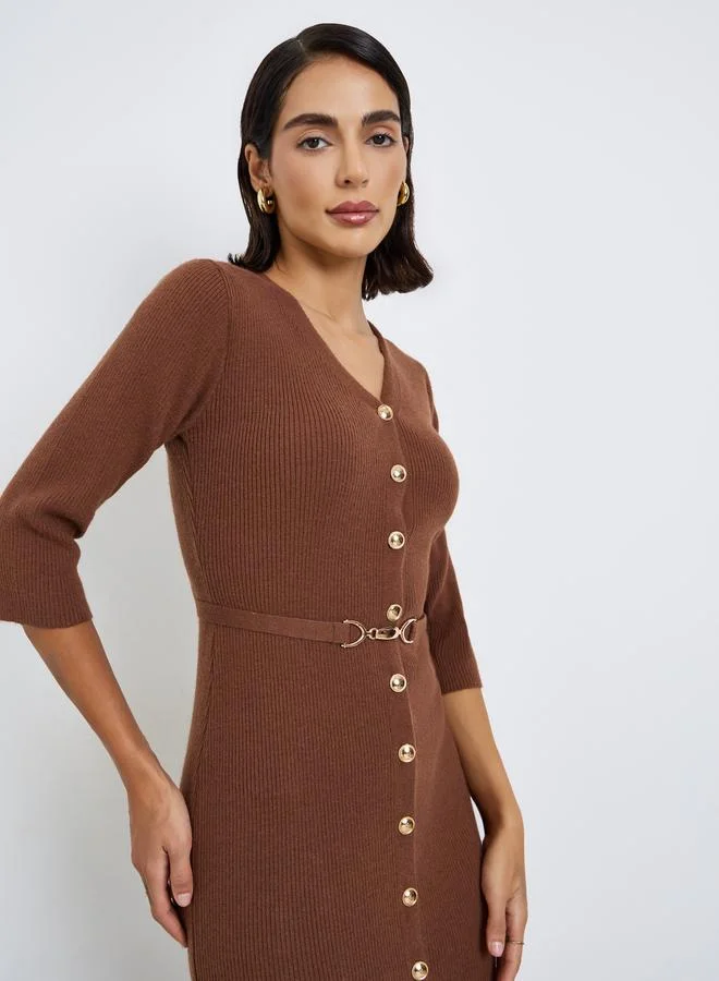 Styli Brown Ribbed Knit Sweater Midi Dress with Belt