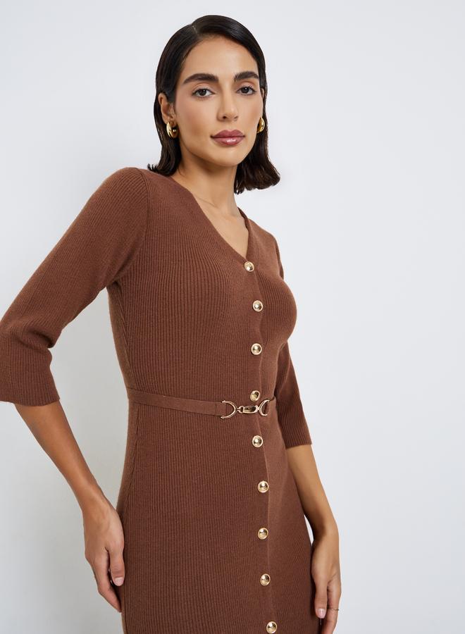 ستايلي فستان سويتر ميدي محبوك مضلع بحزام - Image 2