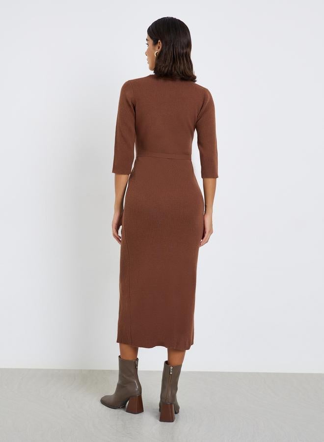 ستايلي فستان سويتر ميدي محبوك مضلع بحزام - Image 5