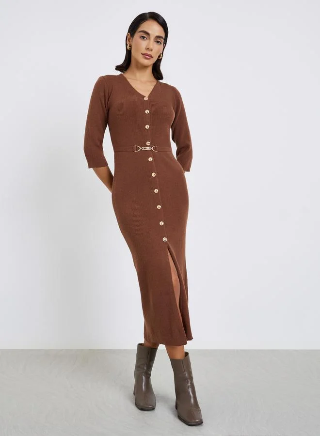 Brown Ribbed Knit Sweater Midi Dress with Belt