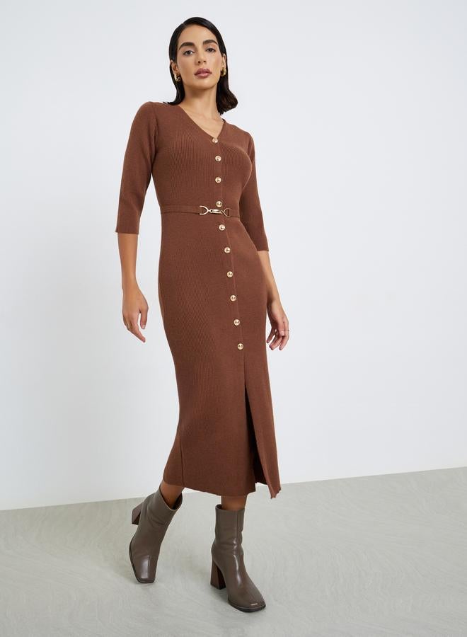 ستايلي فستان سويتر ميدي محبوك مضلع بحزام - Image 3