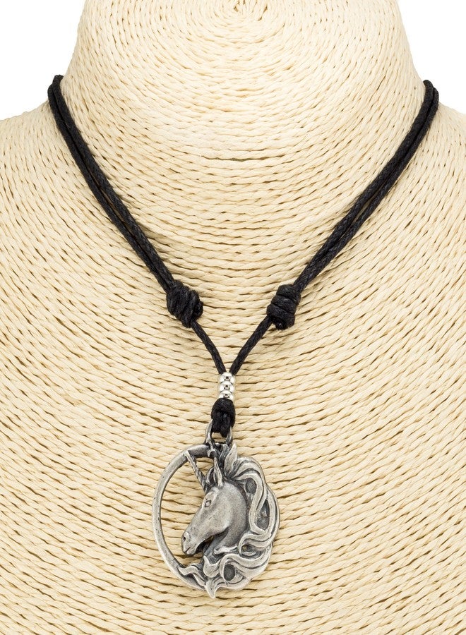 BlueRica Unicorn Head on Adjustable Black Cord Necklace (Old Silver Finish) - Image 2