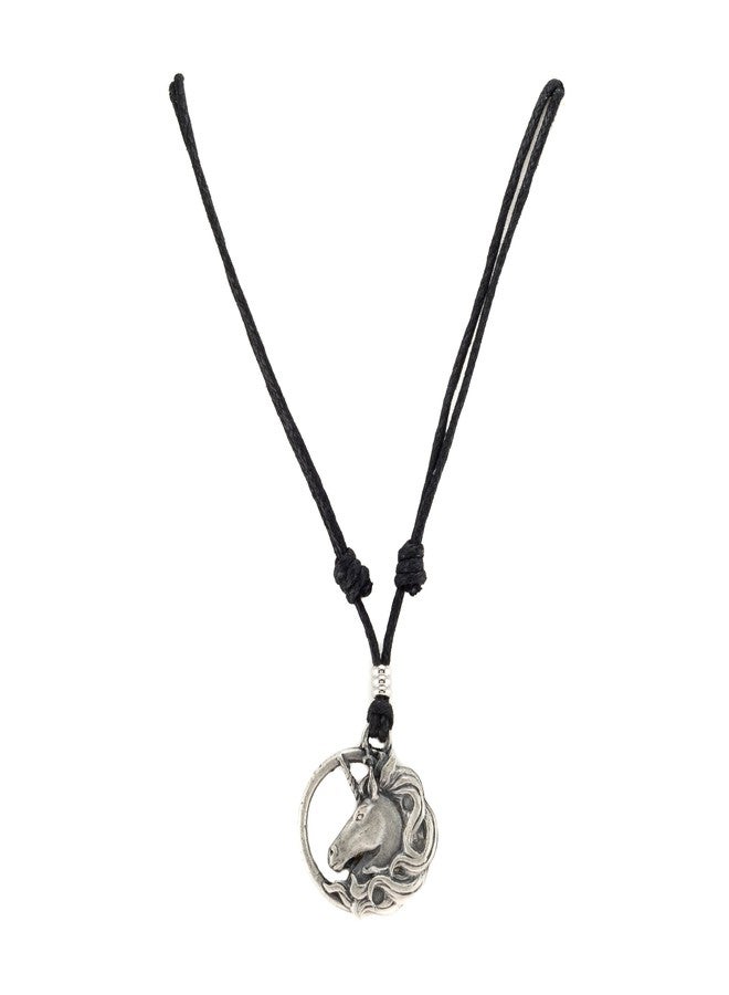 BlueRica Unicorn Head on Adjustable Black Cord Necklace (Old Silver Finish) - Image 1