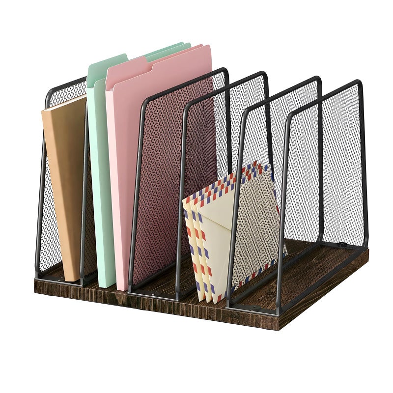 LEKETREE Desk File Organizer, 5-Section Upright File Sorter, Vertical File Folder Holder, Mesh Metal Wood Office Desktop Organization for Document, Magazine, Books and more (Wood and Black) - Image 1