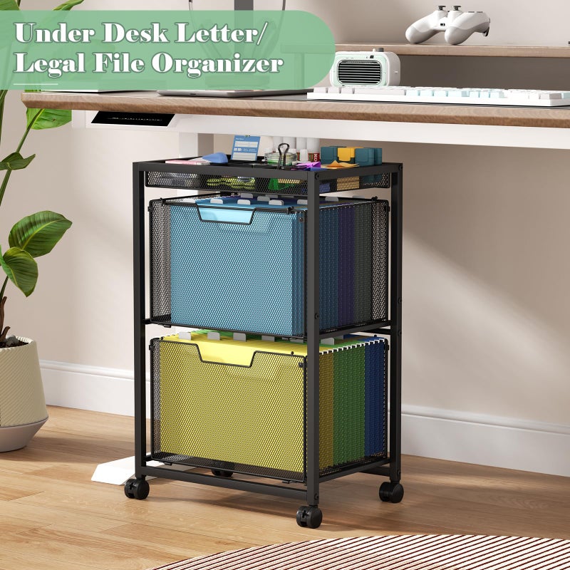 JKsmart Rolling File Cart with 2 Drawers, Under Desk Storage Cabinet with DIY Divider, Letter/Legal Mobile Filling Cabinet on Wheels, Hanging File Folders Organizer, Metal Utility Cart for Home Office, Black - Image 2