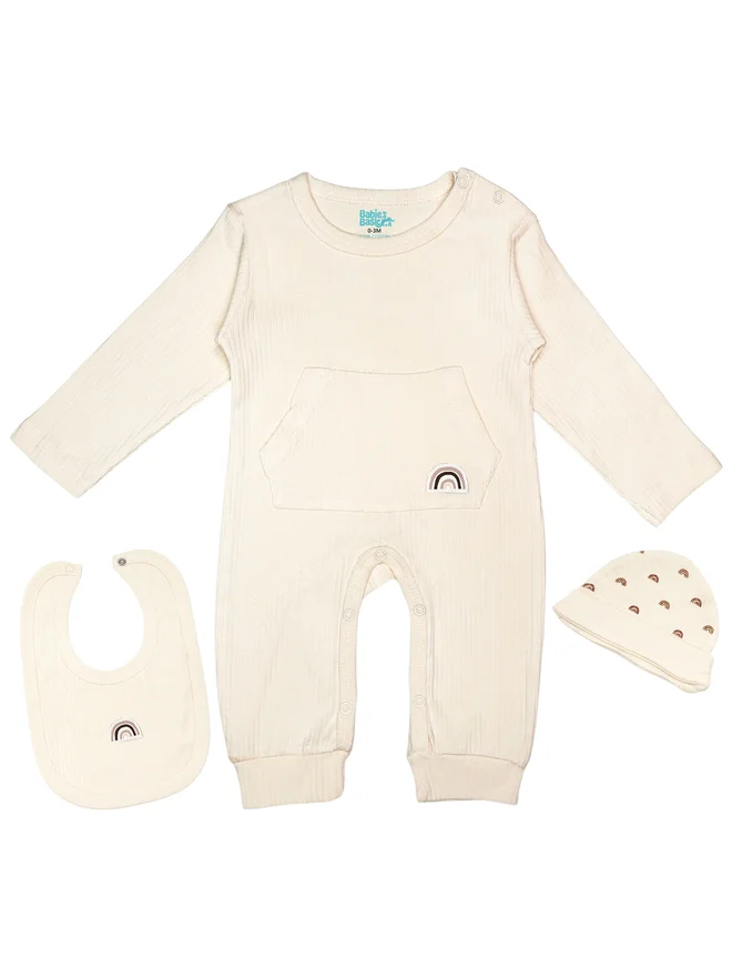 بابيز_بيسك Babies Basic Premium Ribbed Cotton Sleepsuit Romper with Cap and Bib