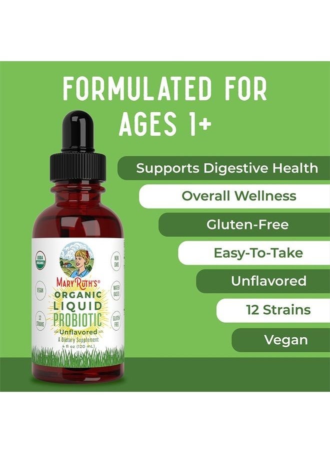 MaryRuth Organics - USDA Organic Liquid Probiotics by MARYRUTH'S | Improves Immune Function & Digestion for Men, Women & Kids | Plant-Based, Non-GMO, Vegan | 12 Live strains of Flora w/ Acidophilus Probiotic | 4 Fl Oz - Image 1