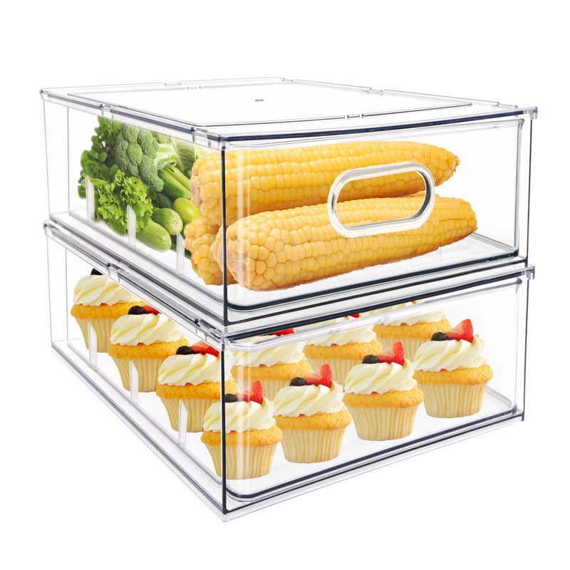 MANO 2Pack Clear Fridge Drawers Pull Out Stackable Refrigerator Drawer Organizer Bins Pantry Storage Box Plastic Food Containers for Kitchen Bathroom Office Closet XLarge