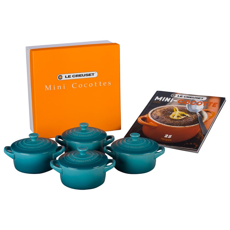 Le Creuset Le Creuset Stoneware Set of 4 Mini Cocottes with Cookbook 8 oz each Caribbean