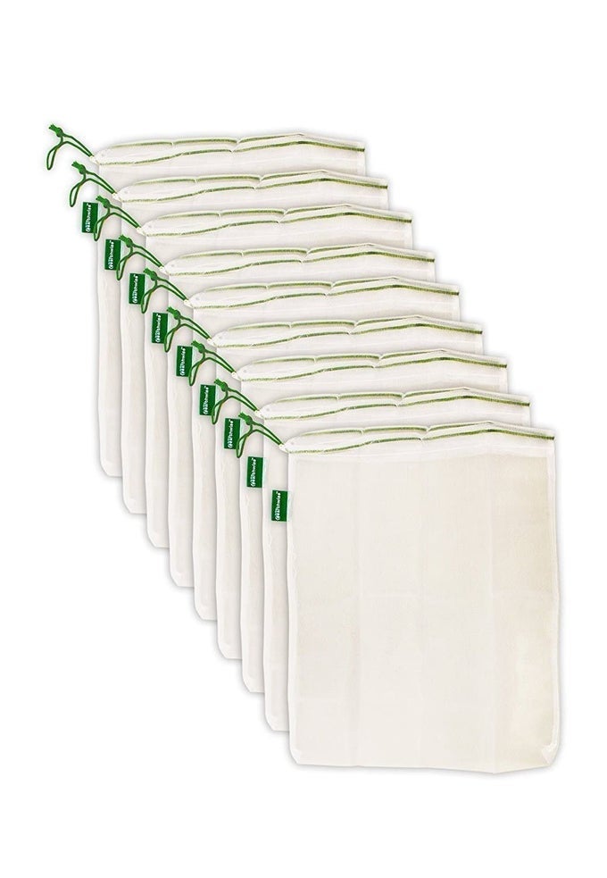 REUSABLE MESH PRODUCE BAGS WASHABLE SET OF 9 PREMIUM BAGS TRANSPARENT LIGHTWEIGHT STRONG SEETHROUGH MESH FOR SHOPPING TRANSPORTING AND STORING FRUITS AND VEGGIES