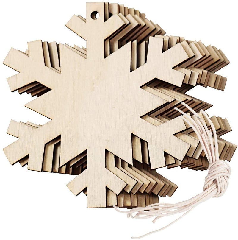 60 Pieces Wooden Snowflake Cutouts Christmas Wood Snowflake Decorations with 60 Pieces Twine Ropes for Kids Crafts Christmas Ornaments 60PCs