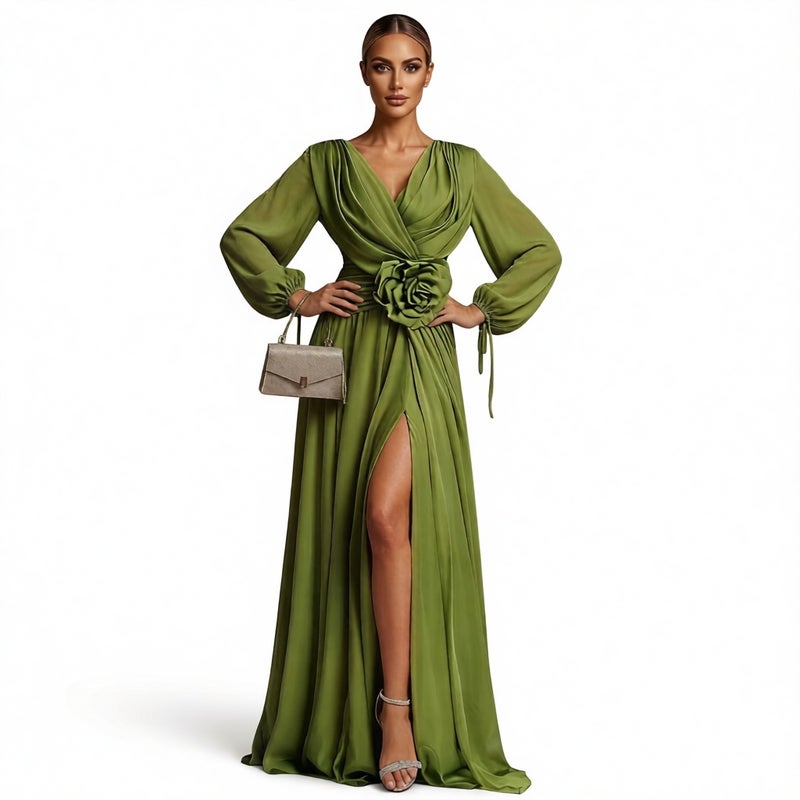 Sheer Chiffon Long Sleeve Dress Summer Vacation Party Maxi Dress