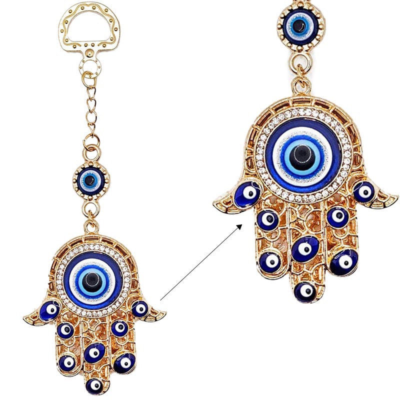 LUCKBOOSTIUM Hamsa Hand Evil Eye Keychain with Crystal Rhinestones Good Luck Charm Keychain Rear View Mirror Accessories Decorative Car Hanging Ornament Evil Eye Wall Decor and Bag Charms Gold