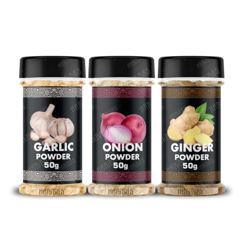 HARIBAS Combo Dry Onion Powder, Garlic Powder and Ginger Powder (Adrak/Sunth) 50gm Each | For Cooking & Baking | Gluten Free Seasoning - Image 1
