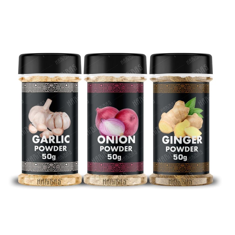 HARIBAS Combo Dry Onion Powder, Garlic Powder and Ginger Powder (Adrak/Sunth) 50gm Each | For Cooking & Baking | Gluten Free Seasoning - Image 3