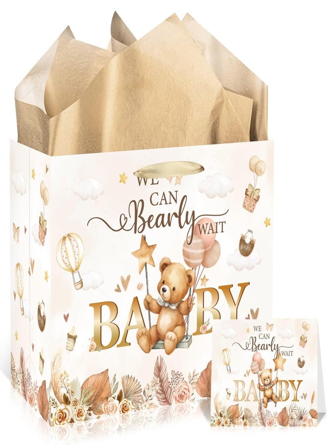 EoBeCy Large Baby Gift Bags for Boys and Girls, We Can Bearly Wait Baby Gift Bag with Handle, Tissue Paper and Greeting Card, Cute Bear Wrapping Paper for Baby Shower Birthday Party Favors - Image 1