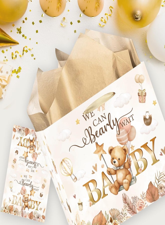 EoBeCy Large Baby Gift Bags for Boys and Girls, We Can Bearly Wait Baby Gift Bag with Handle, Tissue Paper and Greeting Card, Cute Bear Wrapping Paper for Baby Shower Birthday Party Favors - Image 2