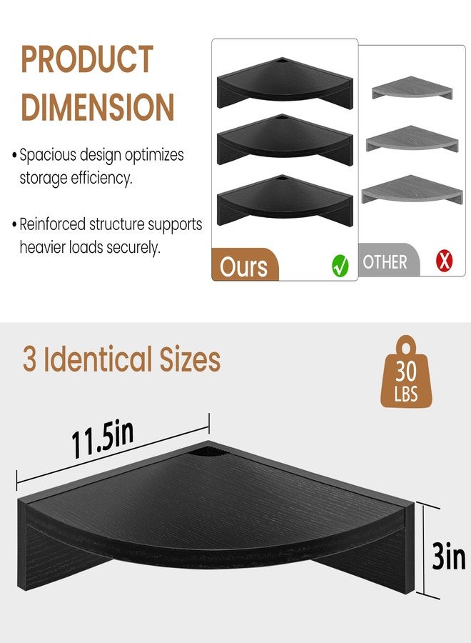 Fun Memories Corner Shelf Wall Mount, Wood Floating Corner Shelves,Corner Wall Shelf for Bedroom, Bathroom, Kitchen, Living Room (3 Pack, Black) - Image 3