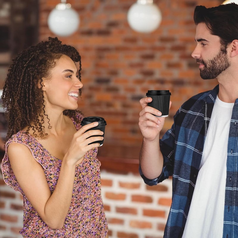 Uiifan 100 مجموعة أويفان من أكواب إسبريسو الورقية ذات الاستخدام الواحد سعة 4 أونصات مع أغطية، أكواب قهوة ورقية مموجة ذات استخدام واحد، أكواب ساخنة معزولة، أكواب مموجة للشوكولاتة الساخنة والشاي ومشروبات الكاكاو (أسود) - Image 5