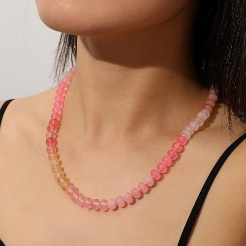LALAPPLE Colorful Beaded Gemstone Necklace for Women, Boho Rainbow Bead Choker with Natural Stone Crystal Beads, Handmade Summer Beach Necklace Jewelry (G-cherry) - Image 2