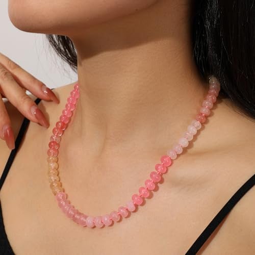 LALAPPLE Colorful Beaded Gemstone Necklace for Women, Boho Rainbow Bead Choker with Natural Stone Crystal Beads, Handmade Summer Beach Necklace Jewelry (G-cherry) - Image 3