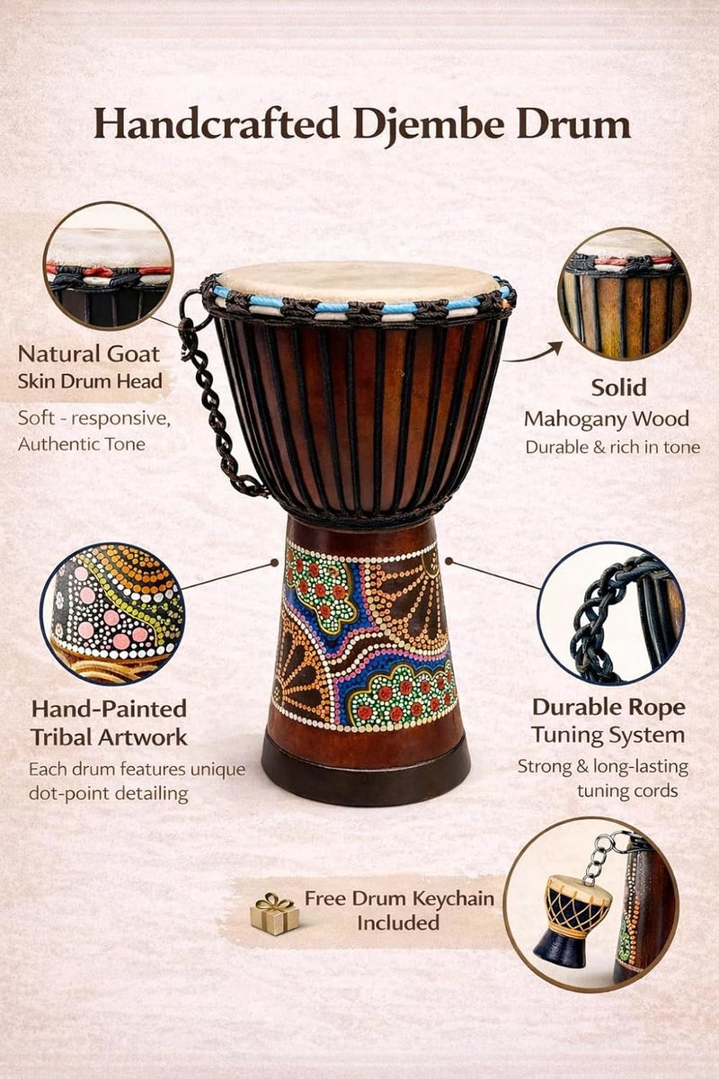 Jive Djembe Drum – African Hand Drum 16" High, Professional Sound & Quality, Hand Carved Mahogany Wood with Goat Skin Head | Brand | Hand Painted Design + Keychain Gift (16" High Painted) - Image 2