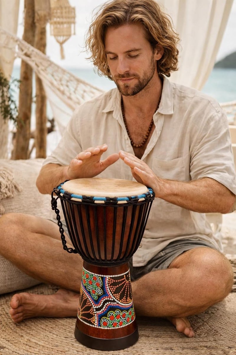Jive Djembe Drum – African Hand Drum 16" High, Professional Sound & Quality, Hand Carved Mahogany Wood with Goat Skin Head | Brand | Hand Painted Design + Keychain Gift (16" High Painted) - Image 5