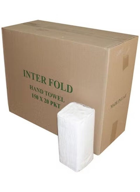 Interfold Hand Towel Tissue Paper – 150 Sheets x 20 Packs, Hygienic, Absorbent Disposable Hand Towels for Home & Commercial Use