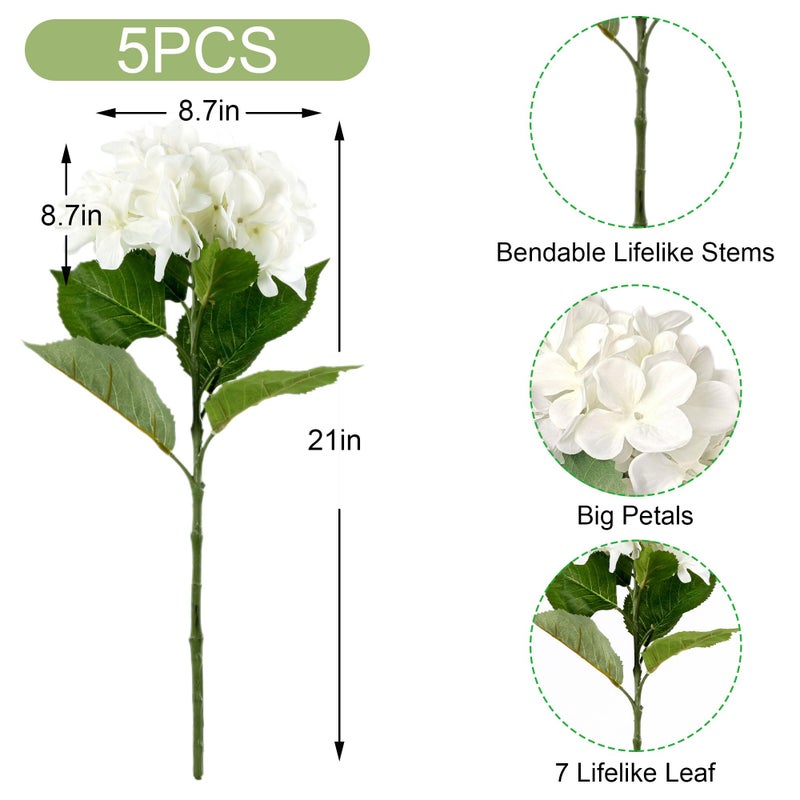 Acfruits 5Pcs Realistic White Hydrangea Artificial Flowers with Stems 21 Inch Lifelike Faux Hydrangeas Flower Large Hydrangea for Weddings Bouquets Table Centerpieces Home Decor Party - Image 2