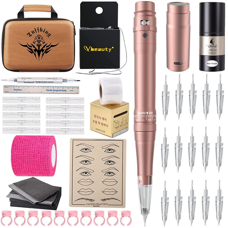 YBEAUTY Permanent Eyebrow Makeup Tattoo Machine Kit with 700mAh Wireless Battery 15 pcs Cartridge Needles Microblading Supply for Eyebrow Lip Eyeliner Microshading Supplies(Pink Tattoo Kit) - Image 1