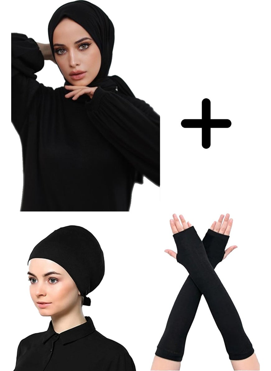 Belifanti Collection Women's Combed Cotton Shawl Plain Bonnet Prayer Sleeve Black Set of 3  - Image 1