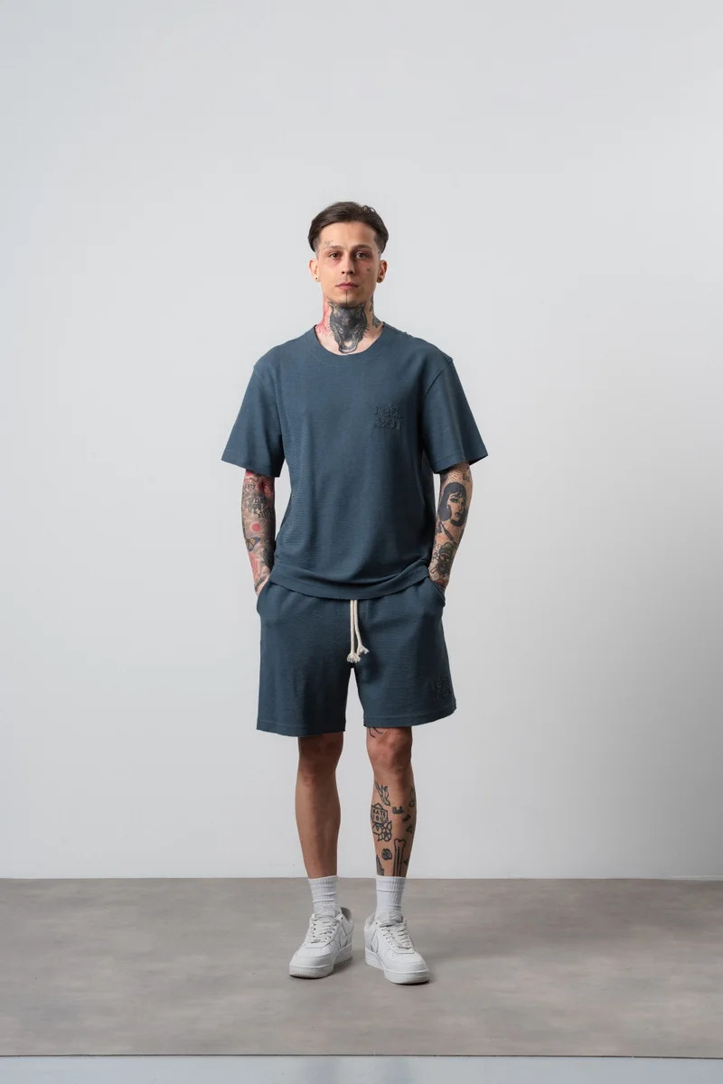 Respire Men's Dirty Stitch Regular Fit T-Shirt and Shorts Set, Petrol
