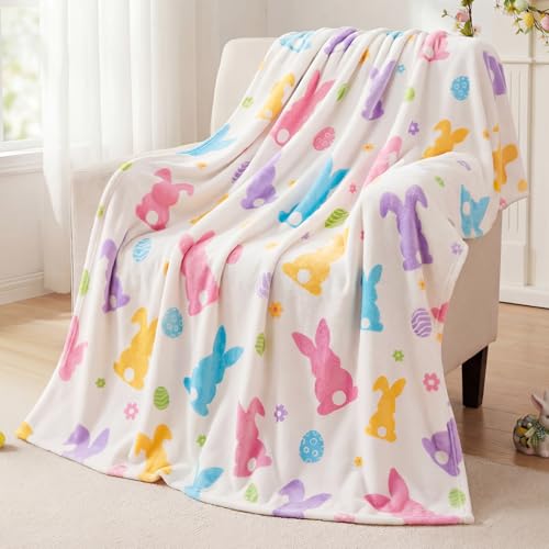 Treory Easter Bunny Throw Blanket: Ultra Soft Flannel Plush Sketchy Spring Floral Bunny Bed Blanket, Lightweight Cozy Easter Blanket for Couch Sofa Bed Living Room Home Decor Gifts, 50"x60" - Image 1