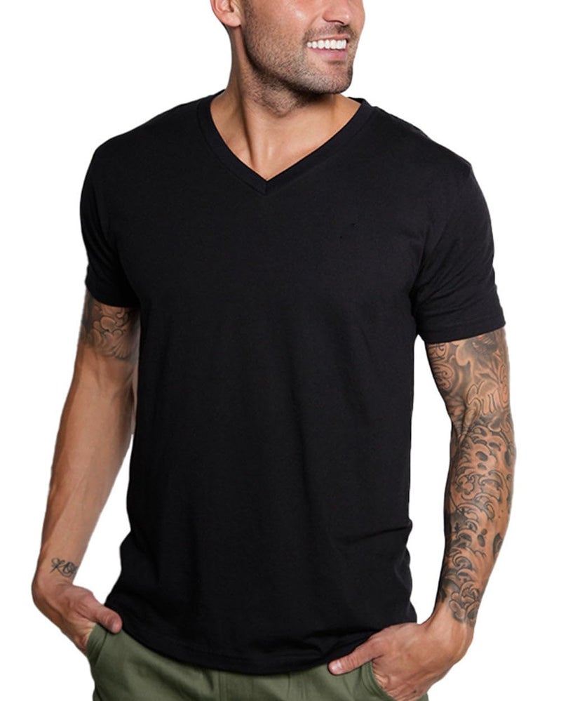 INTO THE AM V Neck T Shirts Men Fitted Casual Soft Plain Sleep Vneck Tshirt Shirts for Men (Black, Large) - Image 1