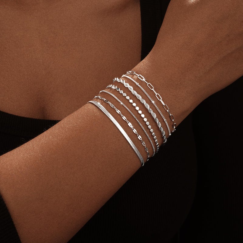 Kyerlyn Silver Bracelets for Women Trendy Waterproof Silver Dainty Bracelet Stack Adjustable Layered Bracelet Set Minimalist Fashion Jewelry - Image 4
