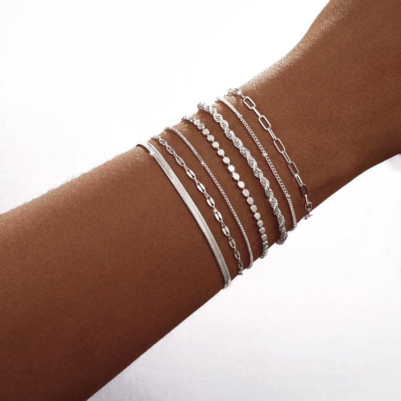 Kyerlyn Silver Bracelets for Women Trendy Waterproof Silver Dainty Bracelet Stack Adjustable Layered Bracelet Set Minimalist Fashion Jewelry - Image 3