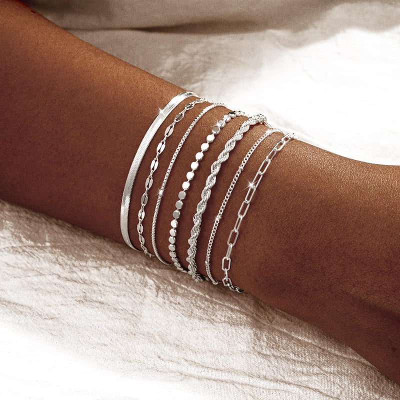 Kyerlyn Silver Bracelets for Women Trendy Waterproof Silver Dainty Bracelet Stack Adjustable Layered Bracelet Set Minimalist Fashion Jewelry - Image 2