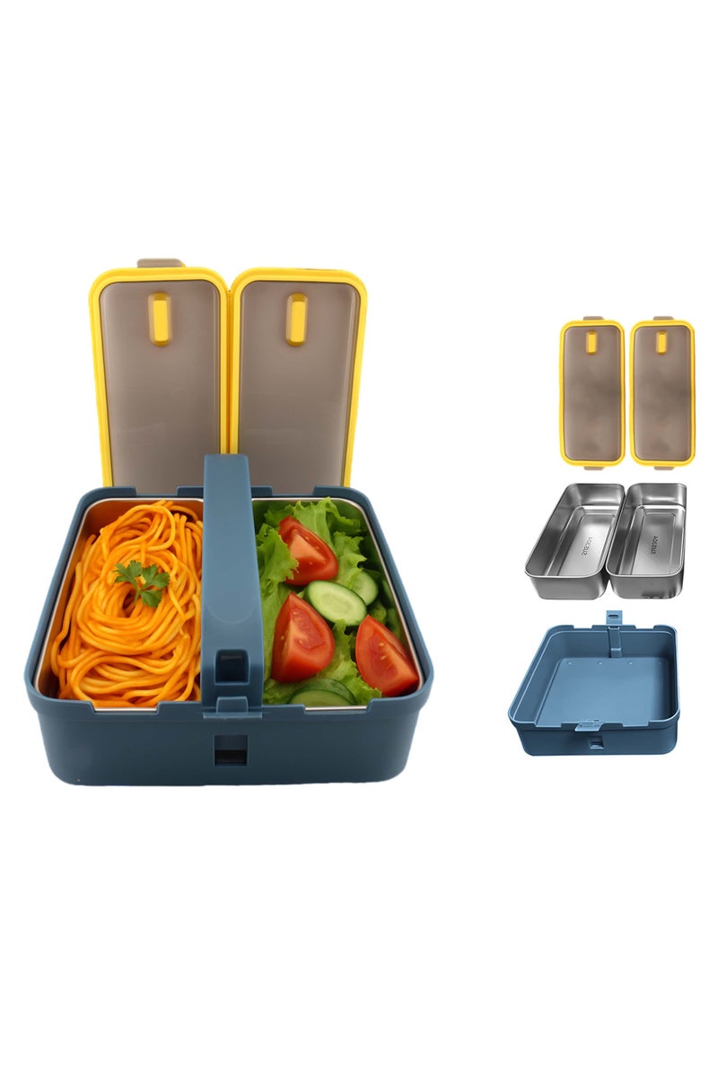 Brain Giggles BrainGiggles 2 Compartments Stainless Steel With Handle Lunch Box with Removable Inner Tray Bento Box for Kids Adults Multifunctional Air Tight Food Container - Blue - Image 2