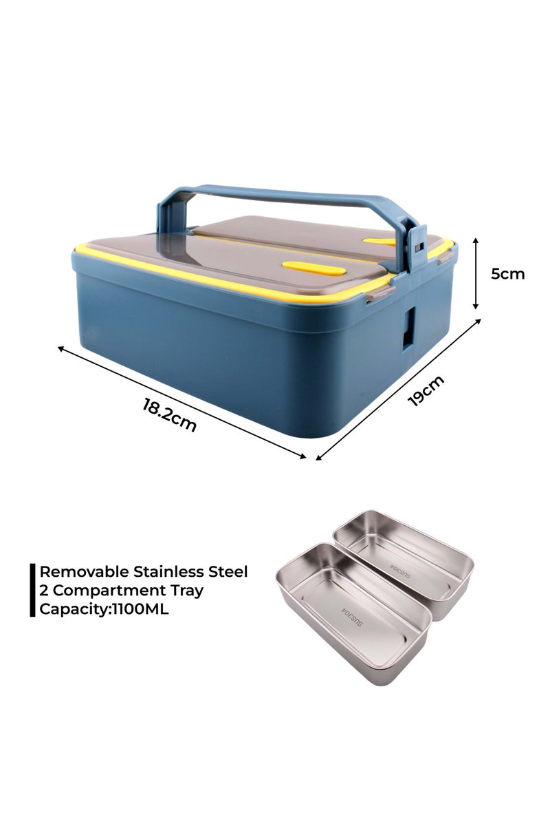 Brain Giggles BrainGiggles 2 Compartments Stainless Steel With Handle Lunch Box with Removable Inner Tray Bento Box for Kids Adults Multifunctional Air Tight Food Container - Blue - Image 5