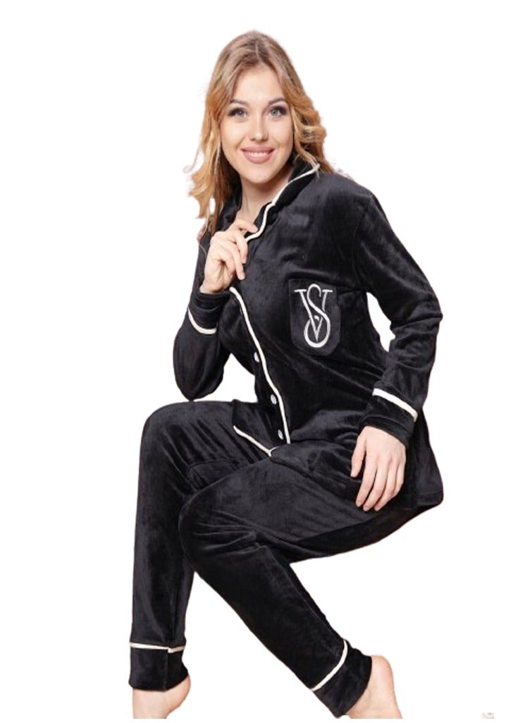 Women's Buttoned Pants Pajama - Regular and Special Size - Black - Image 1