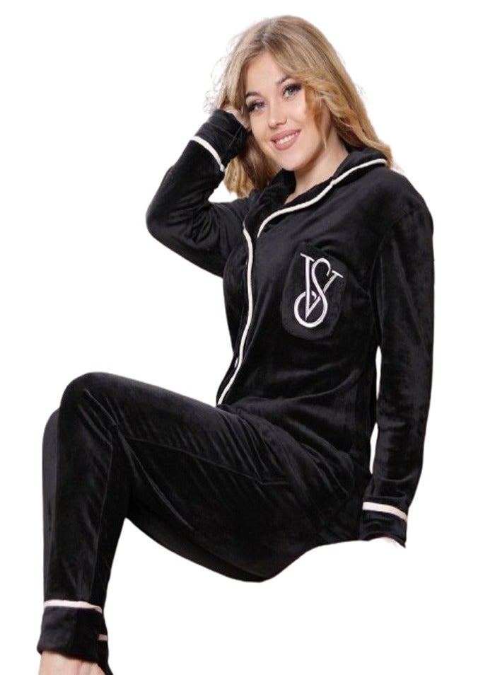 Women's Buttoned Pants Pajama - Regular and Special Size - Black - Image 2