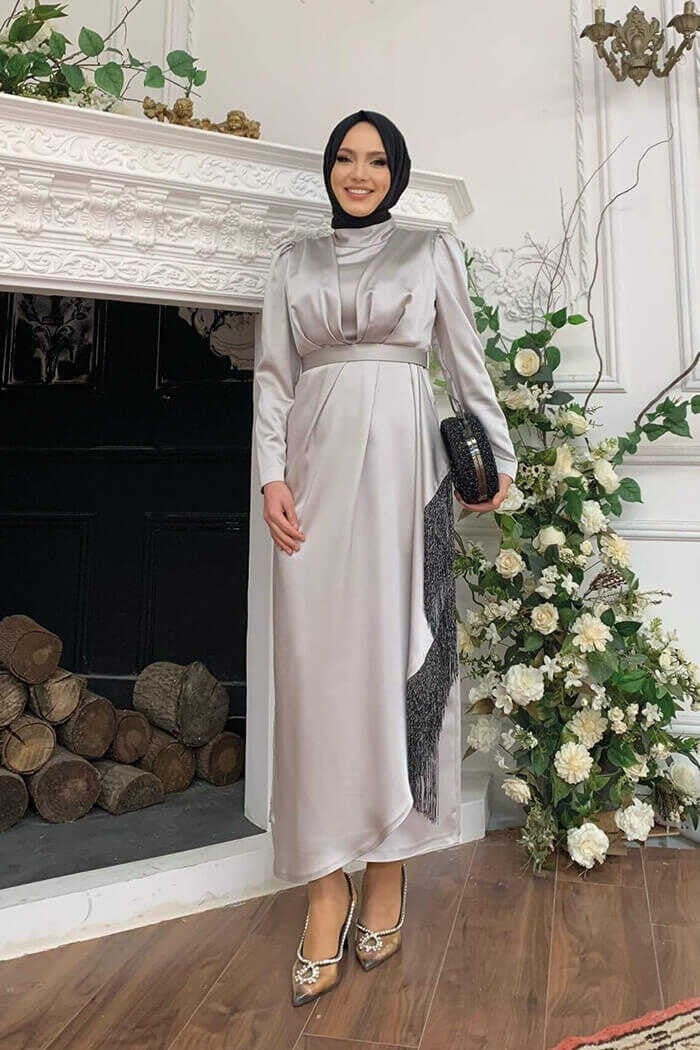 Bym Fashion Bym Skirt Tassel Detail Belt Accessory Satin Evening Dress 3763 Gray - Image 1