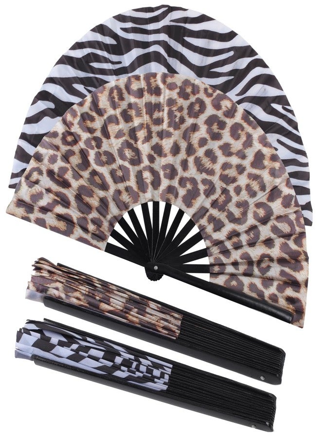Plzoslly 2 Pack Large Folding Hand Fan for Men/Women, Large Rave Fan Summer Clack Handheld Fan for Disco Party, Beach, Dancing, Gift(Leopard and zebra prints) - Image 1