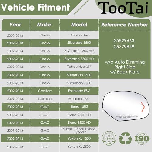 Tootai Passenger Side Replacement Mirror Glass - compatible with Cadillac CHEVY & GMC vehicles - 2009-2014 Escalade ESV | Silverado 1500, Suburban 1500, Tahoe | Sierra, Yukon - RH, 25829663 - Image 2