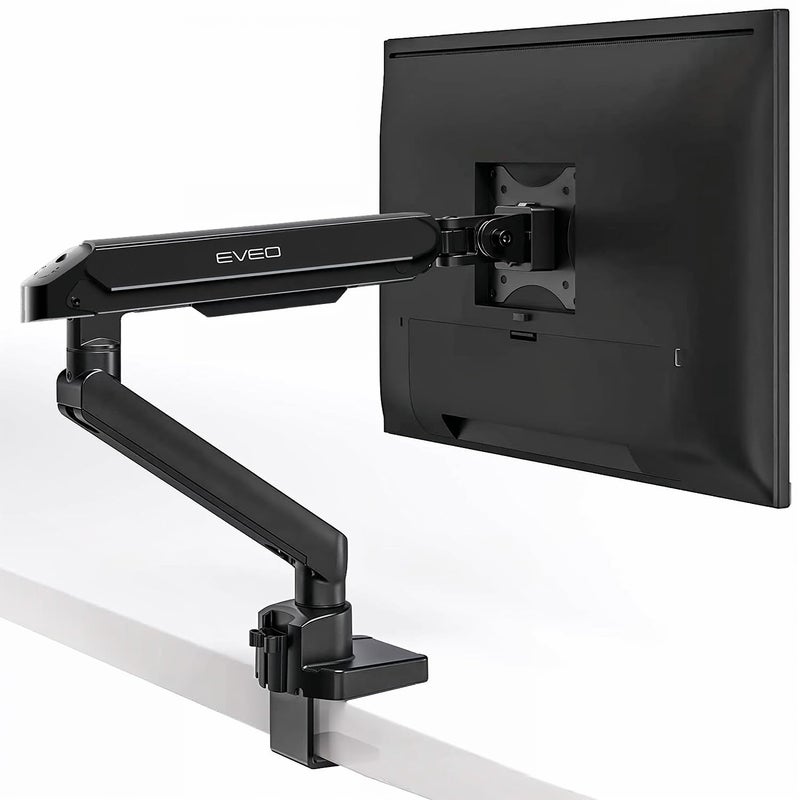 EVEO Premium Single Monitor Arm 1434 Adjustable Gas Spring Monitor Mount Single Arm Desk Mount for 34 Inch Computer Screens VESA Compatible Stand with Clamp and Grommet Base Black