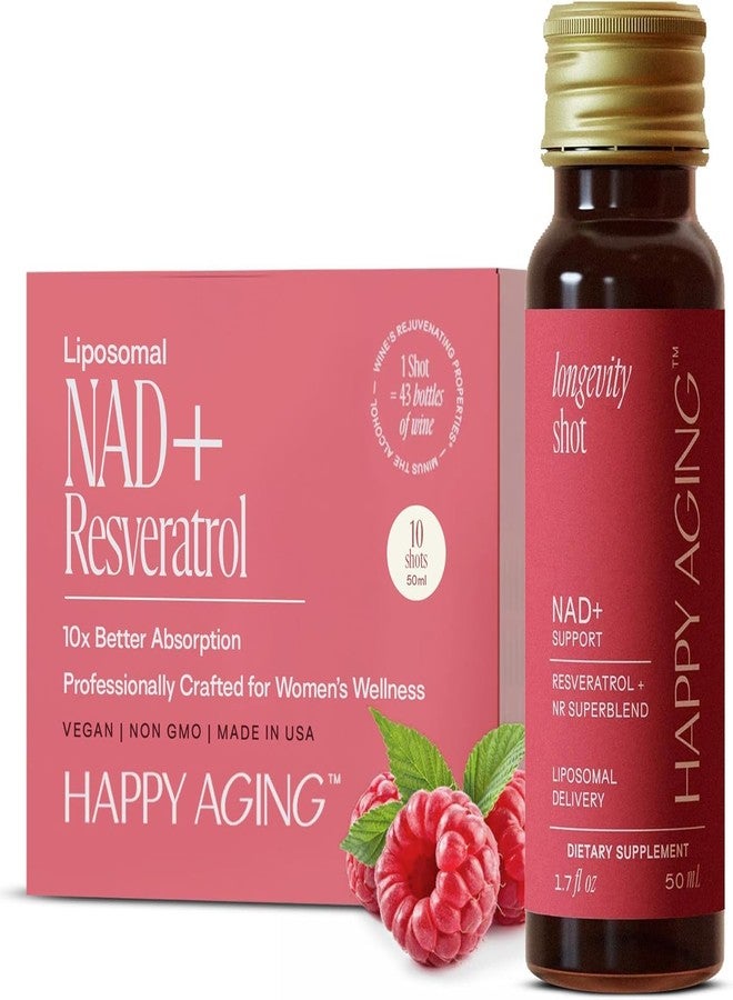 Happy Aging Liquid NAD+ Supplement for Women | Liposomal Nicotinamide Riboside & Resveratrol Shots for Energy, Skin Health & Brain Fog | NMN Alternative with Antioxidants | 10 Shots, 30-Day Supply - Image 1