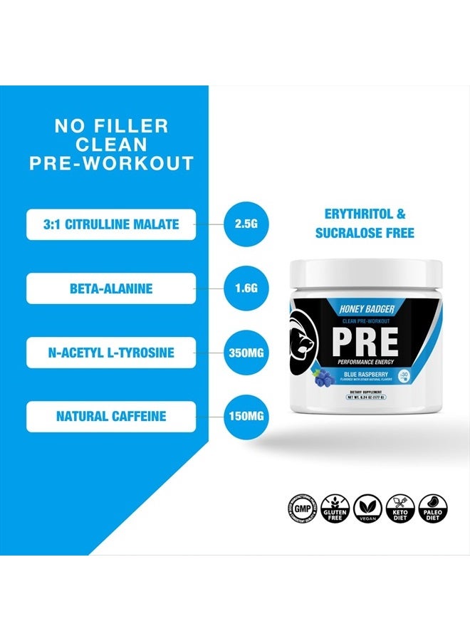 Honey Badger Pre Workout Powder, Keto Vegan Preworkout for Men & Women with Vitamin C for Immune Support, Beta Alanine & Caffeine, Sugar Free Natural Energy Supplement, Blue Raspberry, 30 Servings - Image 2