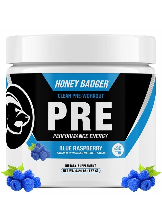 Honey Badger Pre Workout Powder, Keto Vegan Preworkout for Men & Women with Vitamin C for Immune Support, Beta Alanine & Caffeine, Sugar Free Natural Energy Supplement, Blue Raspberry, 30 Servings - Image 1