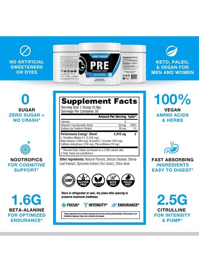 Honey Badger Pre Workout Powder, Keto Vegan Preworkout for Men & Women with Vitamin C for Immune Support, Beta Alanine & Caffeine, Sugar Free Natural Energy Supplement, Blue Raspberry, 30 Servings - Image 5